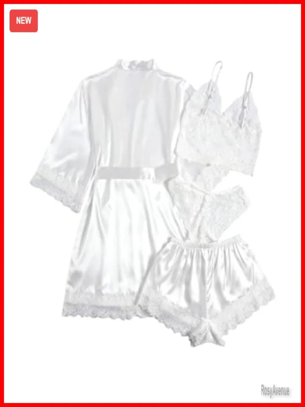 4-Piece Silk Satin Pajama Set with Robe Lace Cami
